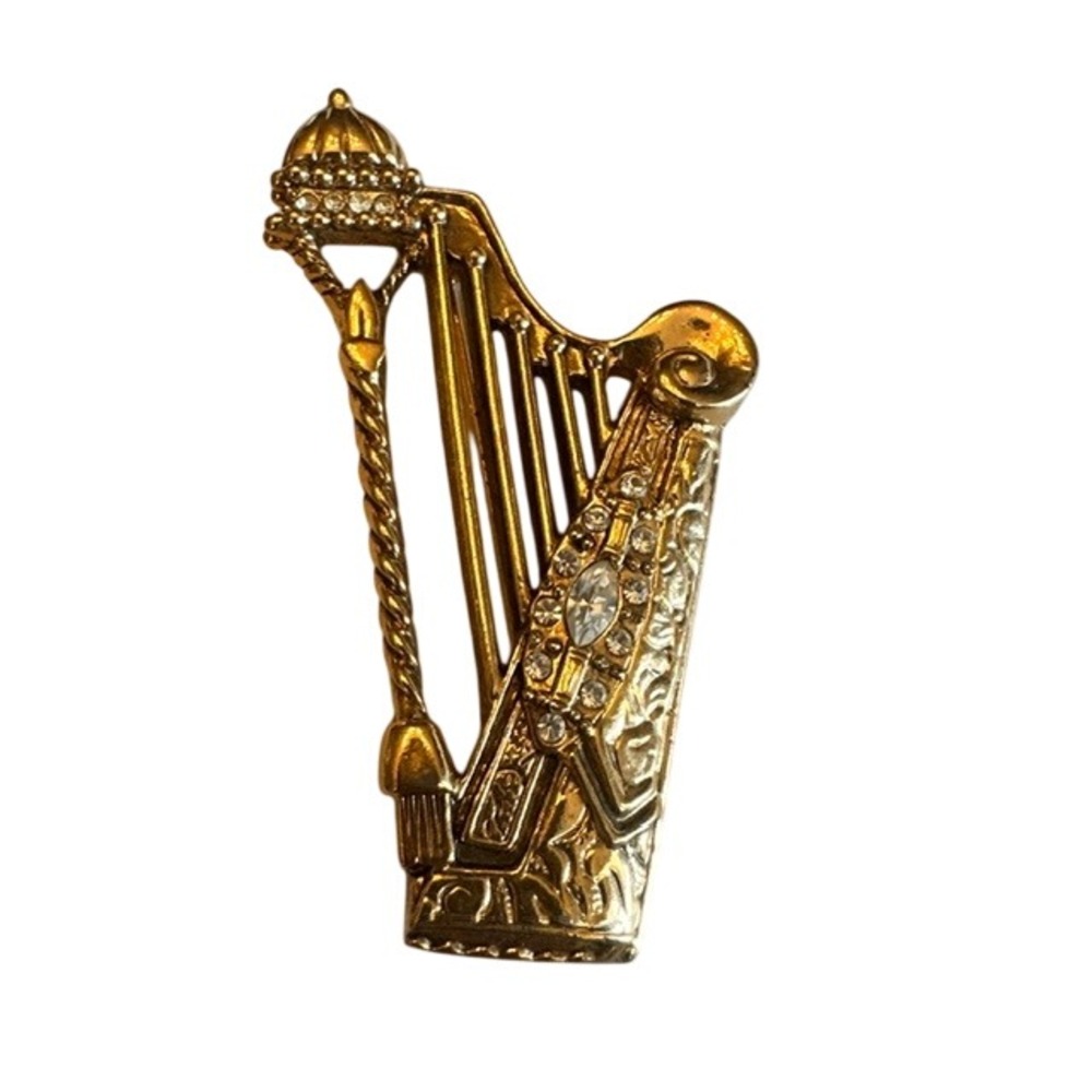Vintage Gold Tone Harp Brooch Ornate Rhinestone Musical Instrument Pin 2 Inch - Picture 2 of 5